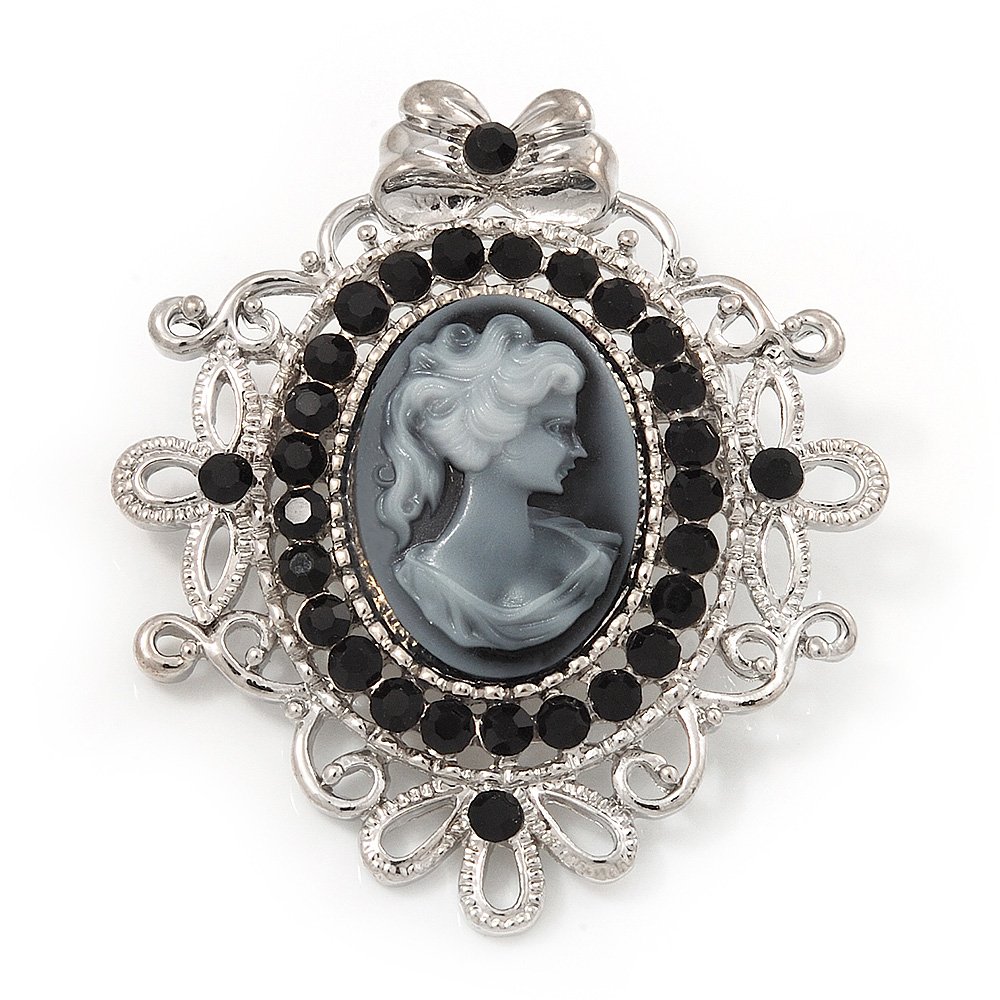Silver Tone Black Diamante Filigree 'Cameo' Brooch - 5.5cm Length