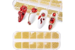 BELLECREY 0.8mm Mini Small Nail Beads Stainless Steel Beads Nail Chain Charms Nails Art Decorations Gun Grey Nail Studs Gold Caviar Nail Charms DIY Tool Nail Studs Accessories Cold Nail Gems (Gold)