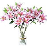 LNHOMY 6 Pack Artificial Lily Flowers Full Bloom Fake Latex Real Touch Artificial Flower Bouquets with 3 Heads Wedding Party Decor Home Décor (Rosy)