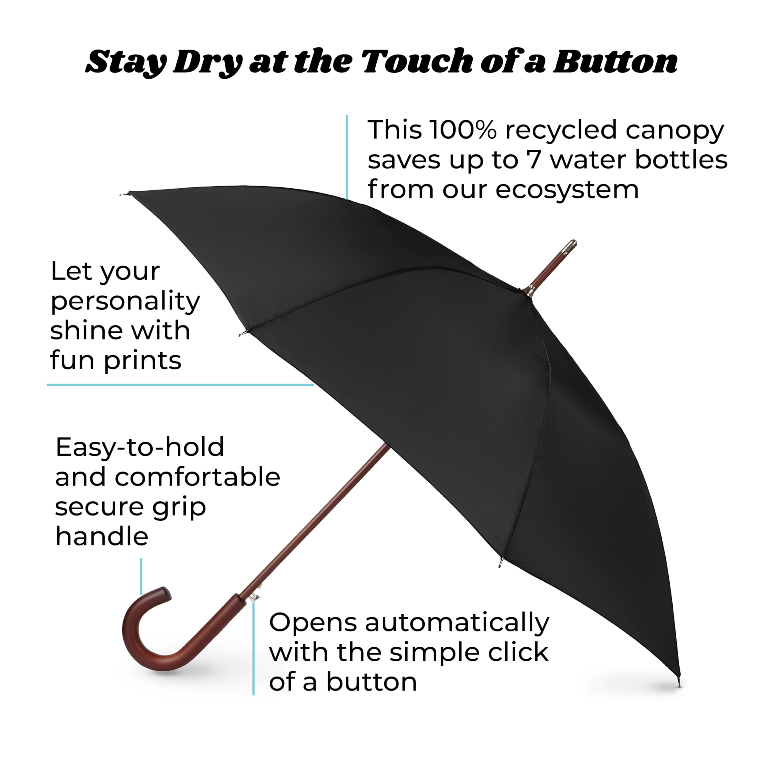 totes Eco Auto Open Umbrella Classic Wooden J Stick Handle with Easy Grip - Windproof, Rainproof and Durable Canopy Design – Versatile Travel, Perfect for Rainy Days