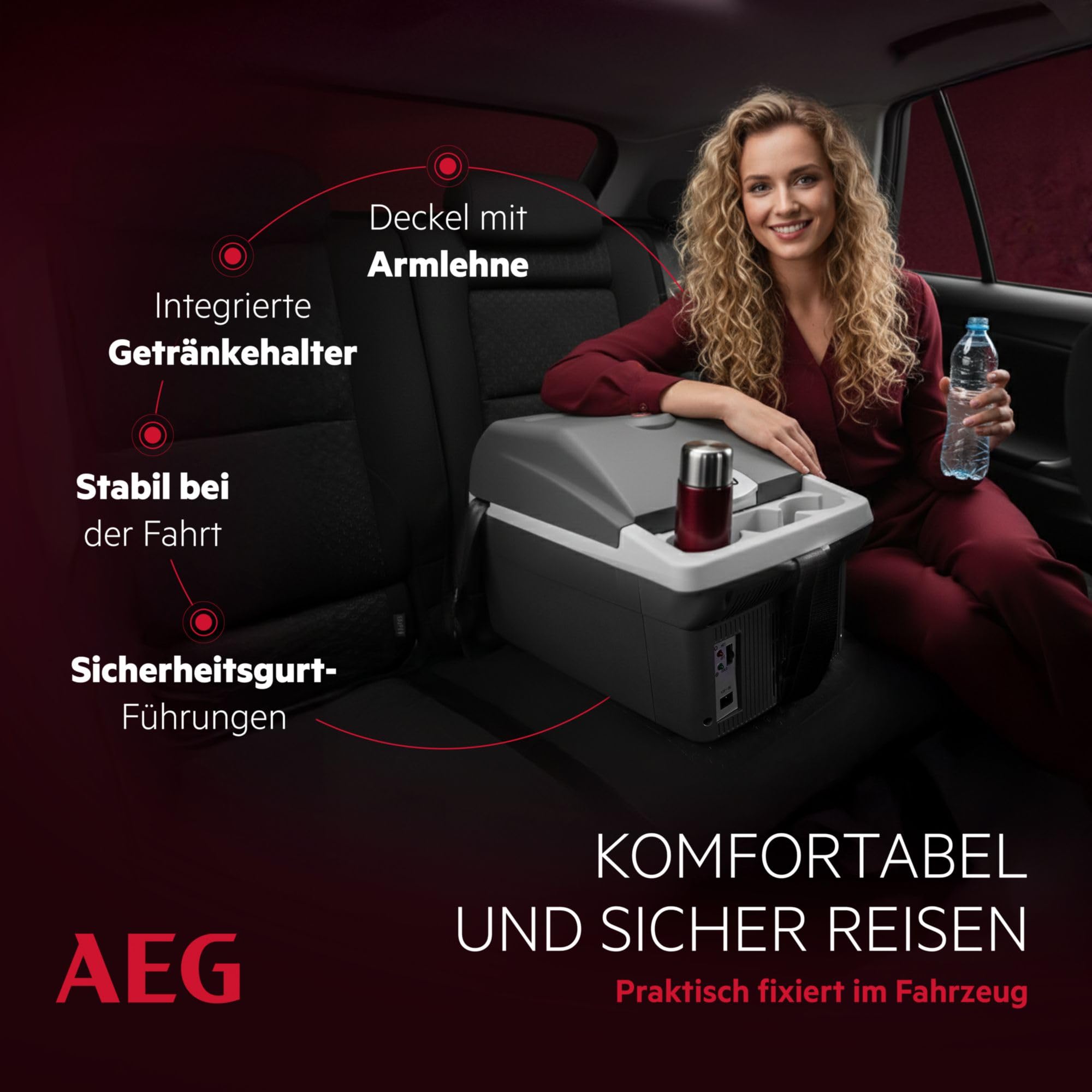 AEG Automotive Board-Bar BK 16 Thermoelektrische Kühl- und Warmhaltebox 16 Liter, 12 Volt für Auto und Steckdose, anschnallbar im PKW, Schwarz,hellgrau 5