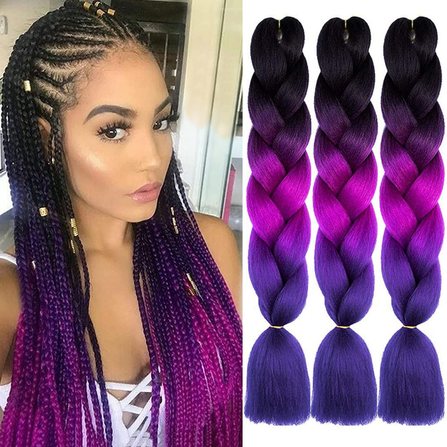 ColorfulPanda 3pc/pack 24inch Synthetic Ombre Jumbo Braiding Hair Extension Heat Resistant Synthetic African Box Braids Crochet Twist Braided hair(Black Purple Red Blue)