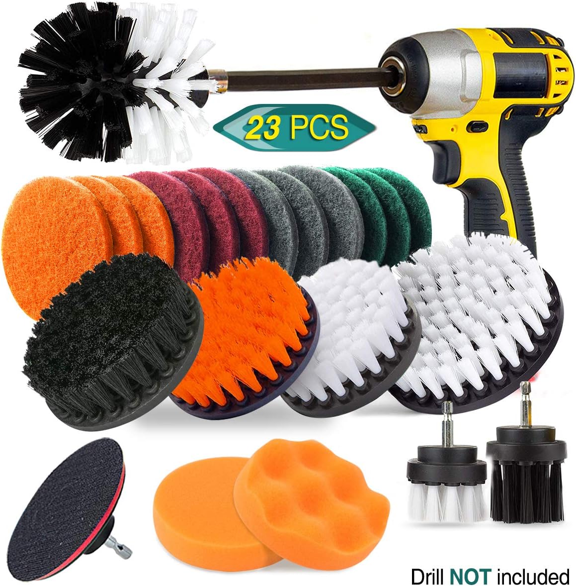 23 Piece Drill Brush Attachment Set, JUSONEY Power Scrubber Drill Brush Kit, Scrub Brush With Extend Long Attachment, Scrubing Pads Cleaning Kit For Tile Sealants, Bathtub, Sinks, Floor, Wheel, Carpet: Kitchen & Dining
