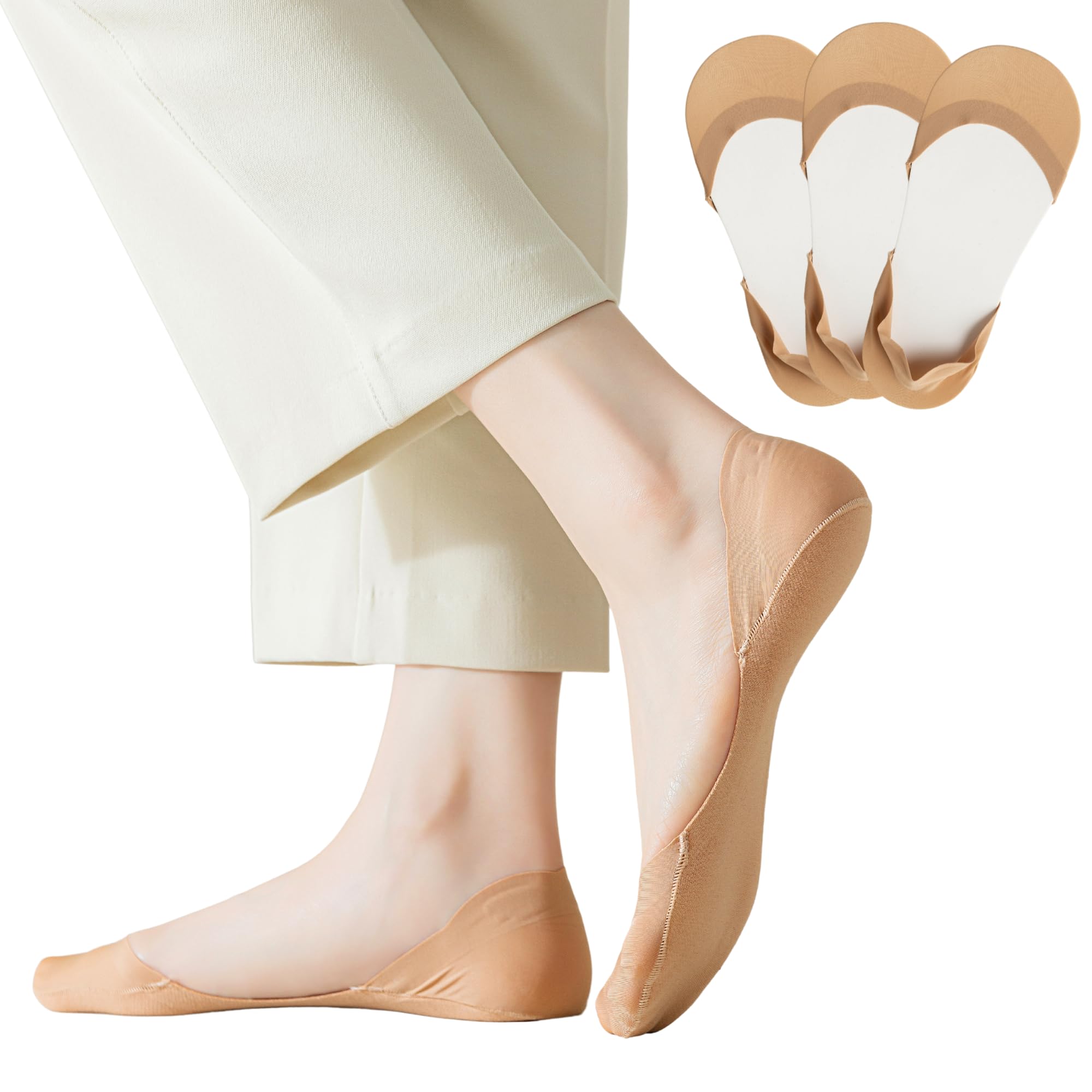 Photo 1 of F Flammi No Show Socks Women Non-Slip Invisible Liner Socks Cotton for Flats Heels Pumps Lofers (9-11, 3 Pairs- Beige)