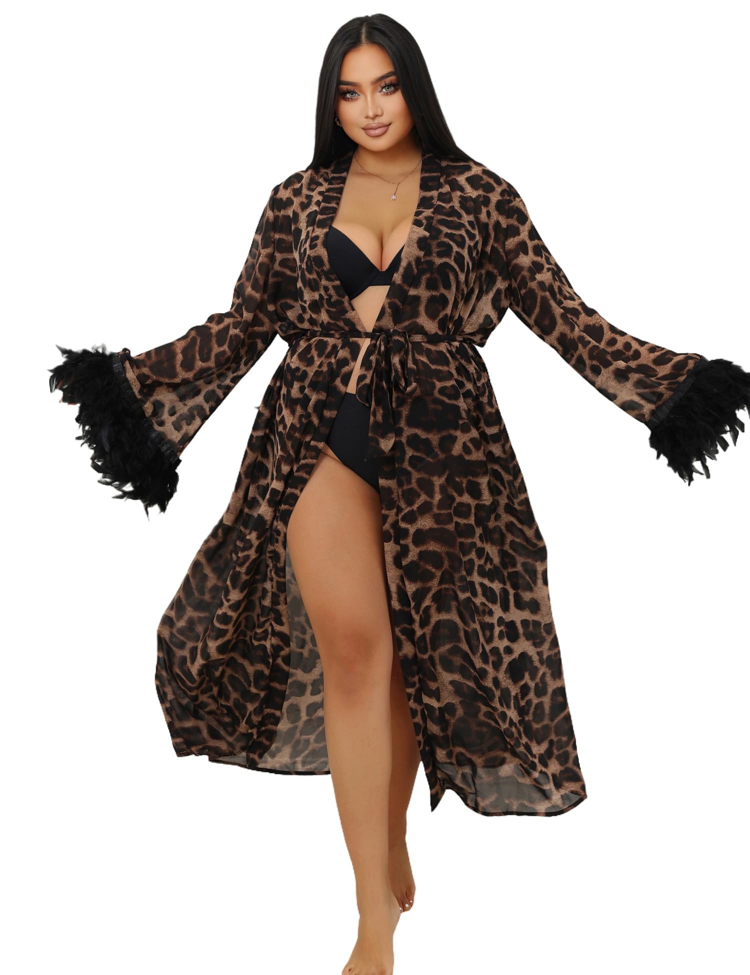 Photo 1 of ohyeah Lace Kimono Robe Leopard Print Robe Sexy Lingerie for Women Long Lace Cover Up Gown Lingerie Feather Lace Trim Sheer Robe L