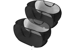 DAWNTREES 2 PCS Pop Up Laundry Hamper Basket,Large Collapsible Mesh Storage Basket with Side Pocket,Applicable to Laundry Room, Bathroom,Dorm,Travel Carrying (Black Transverse)