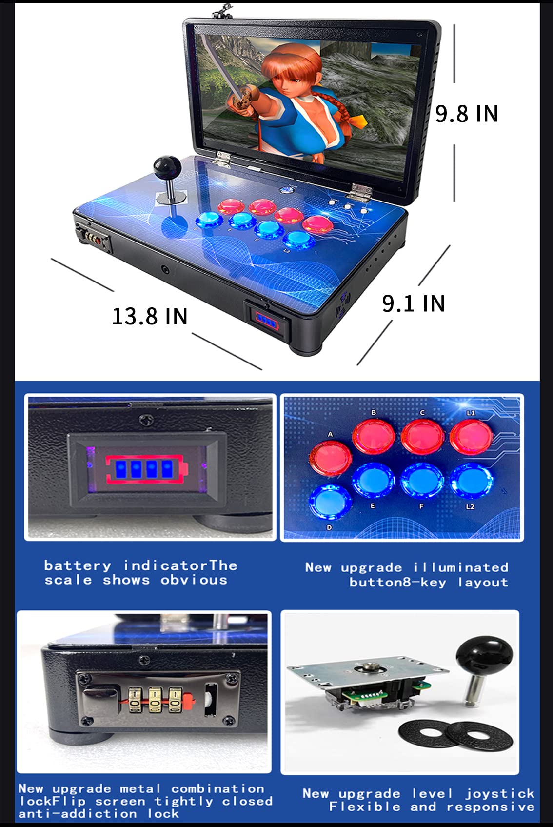 Pandora Arcade Portable Retro Video Game Player Built-in 20000+ Classic Games 14 inch LED Integrated Recreation Arcade Emulator Console Compatible with FBA/N64/Arcade/MAME