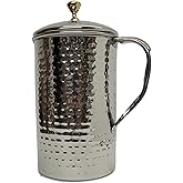 Large Half Gallon / 2.2 Liters / 74 Fl Oz Stainless Steel Pitcher Jug Carafe with Lid Classic Minimalist Designs Leakproof All Beverages by American Ayurveda (Stainless Steel Hammered)