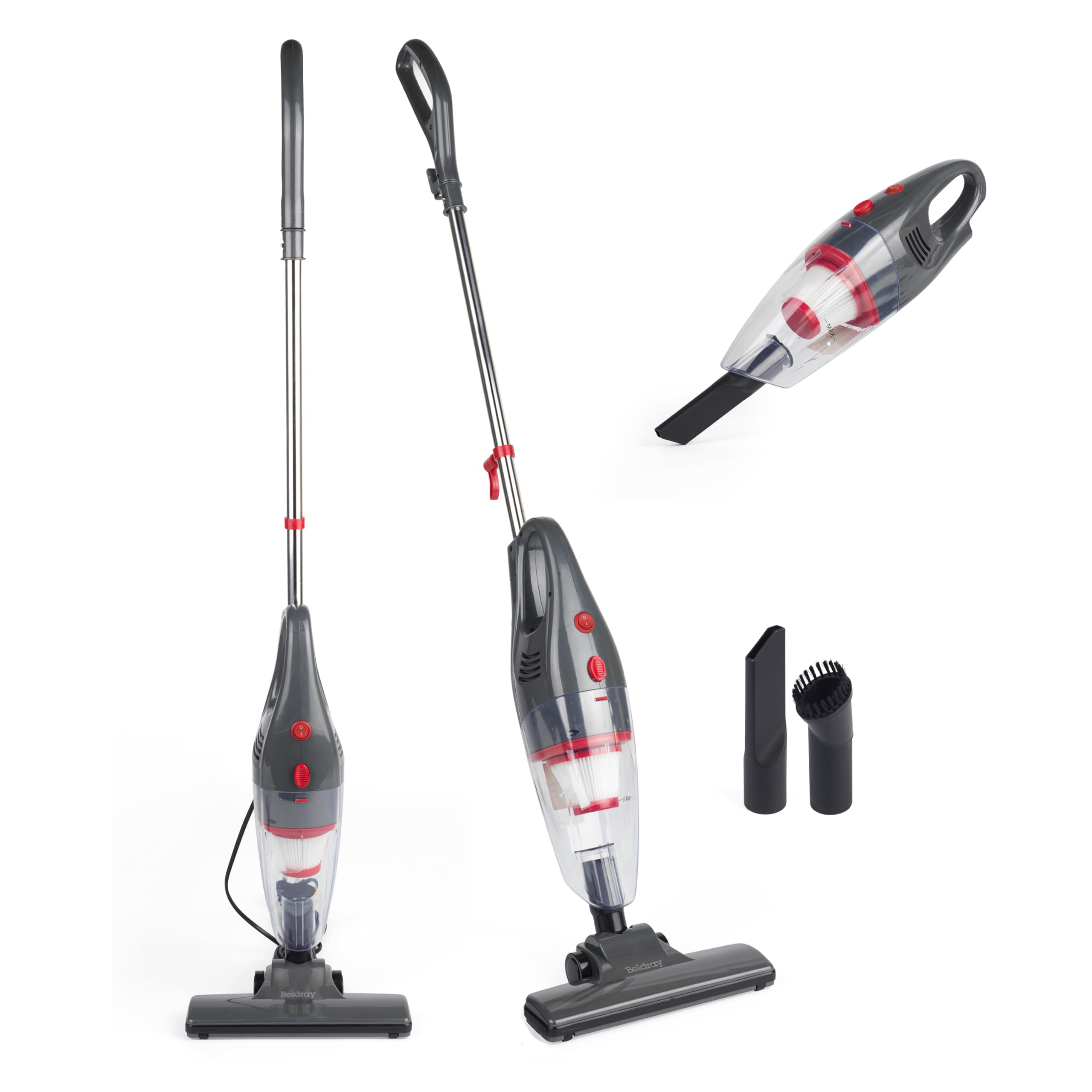 Beldray BEL0770N-GRY 2-in-1 steelstofzuiger, handstofzuiger, multifunctioneel, lichte stofzuiger voor alle verdiepingen, rechtopstaande stofzuiger voor meerdere oppervlakken, zonder zak, HEPA-filter, stofreservoir van 1 liter, 600 W, spleet/borstel