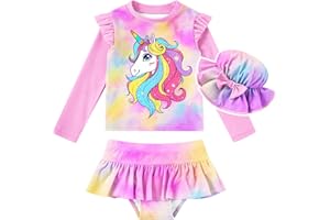 Cutemile Little Girls Rash Guard Set 3 Piece Swimsuit with Hat UPF 50+ Long Sleeve Swimwear 1-6 Years