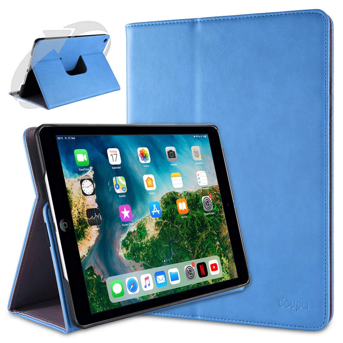 doupi Smart Flip Cover for iPad Air (1. Gen.), Deluxe Protective Case with Sleep/Wake Function 360 Degree Rotatable Stand Screen Protector, Blue — image 1