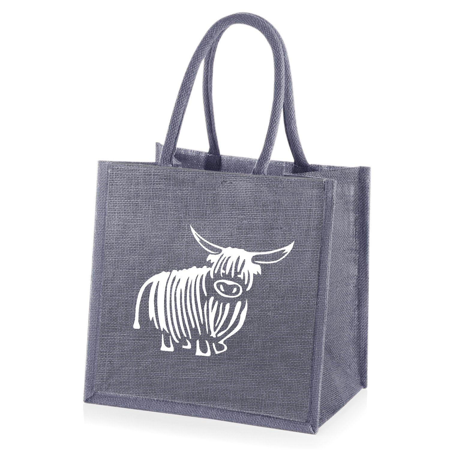 Medium Jute Grey Shopping Bag with Highland Cow Print - 30 cm high x 30 cm Wide x 23 cm Depth