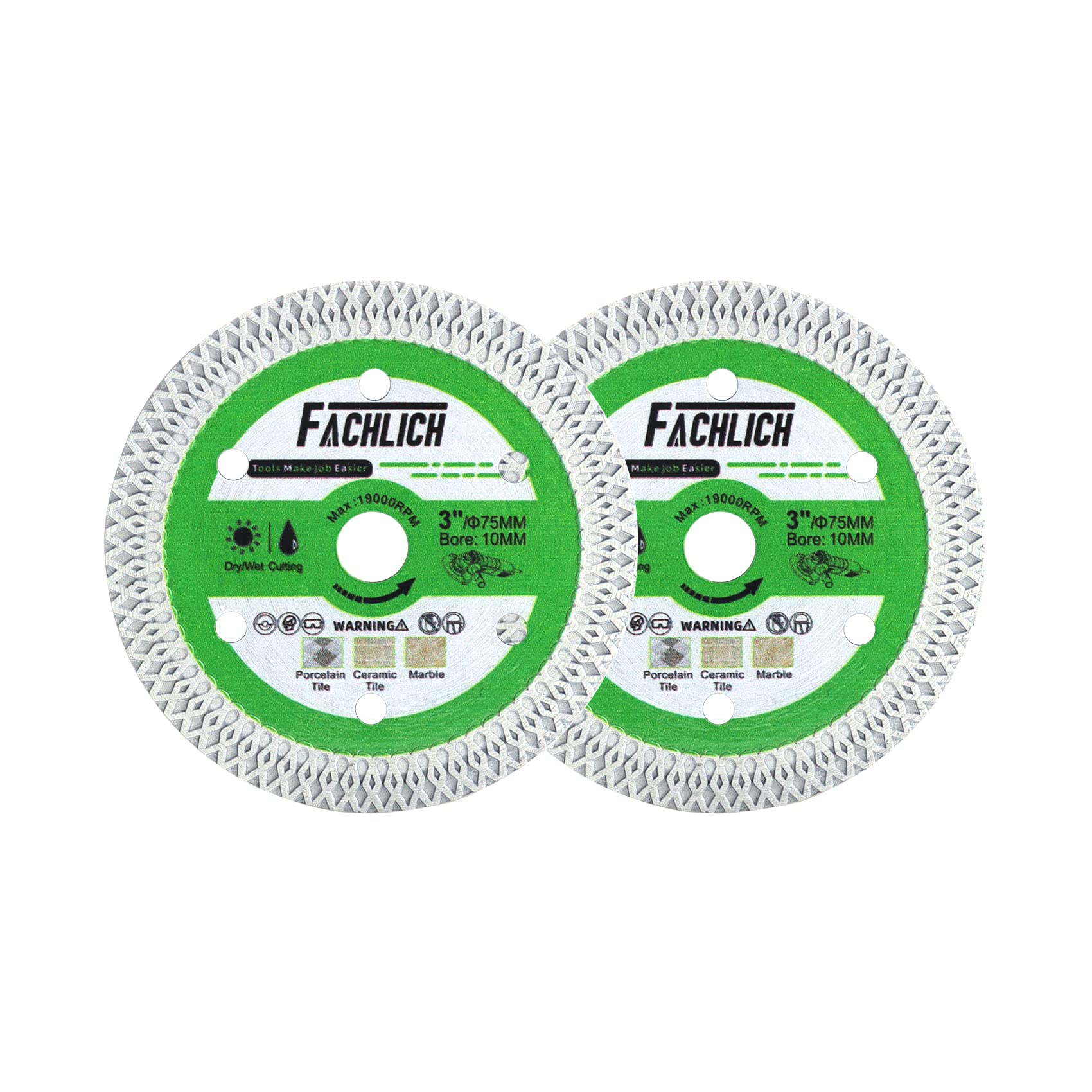 FACHLICH Tile Diamond Cutting Disc 75mm 2PK 3" X Mesh for Cutting Ceramic Hard Porcelain Marble 3/8"(10mm) Arbor