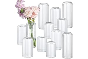12PCS Bud Vases Set, Glass Vases for Flowers, Modern Cylinder Ribbed Vases for Wedding Centerpiece, Tall Clear Flower Vases i