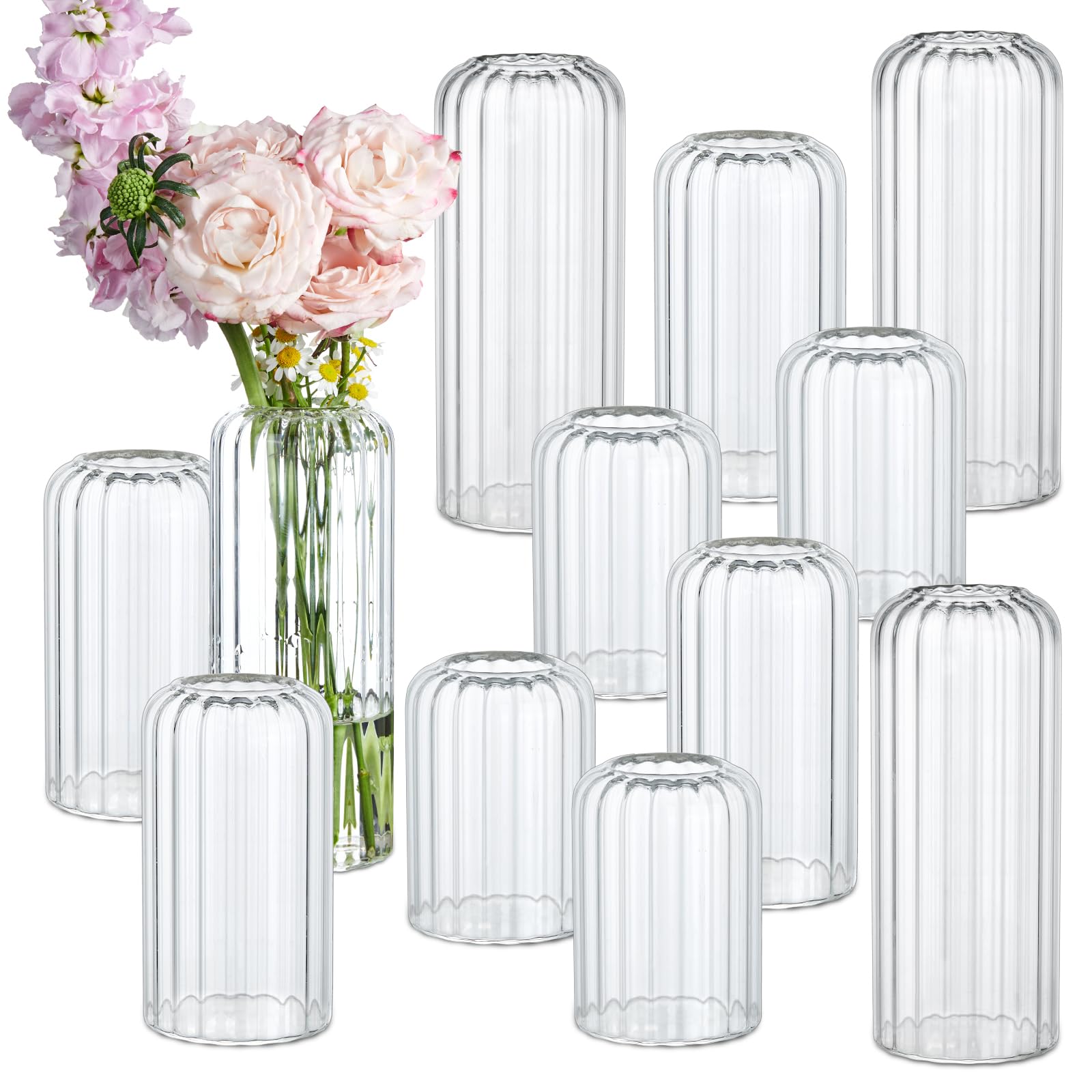 Photo 1 of 12pcs  Vases Set, Glass Vases for Flowers, Modern Cylinder Ribbed Vases for Wedding Centerpiece, Tall Clear Flower Vases in Bulk for Table Shelf, Party(Ribbed)