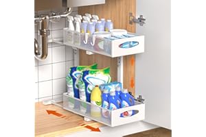 Housolution 1 Pack Under Sink Organizer, 2 Tier Metal Pull Out Under Sink Storage with Sliding Mesh Drawers, Height Adjustabl