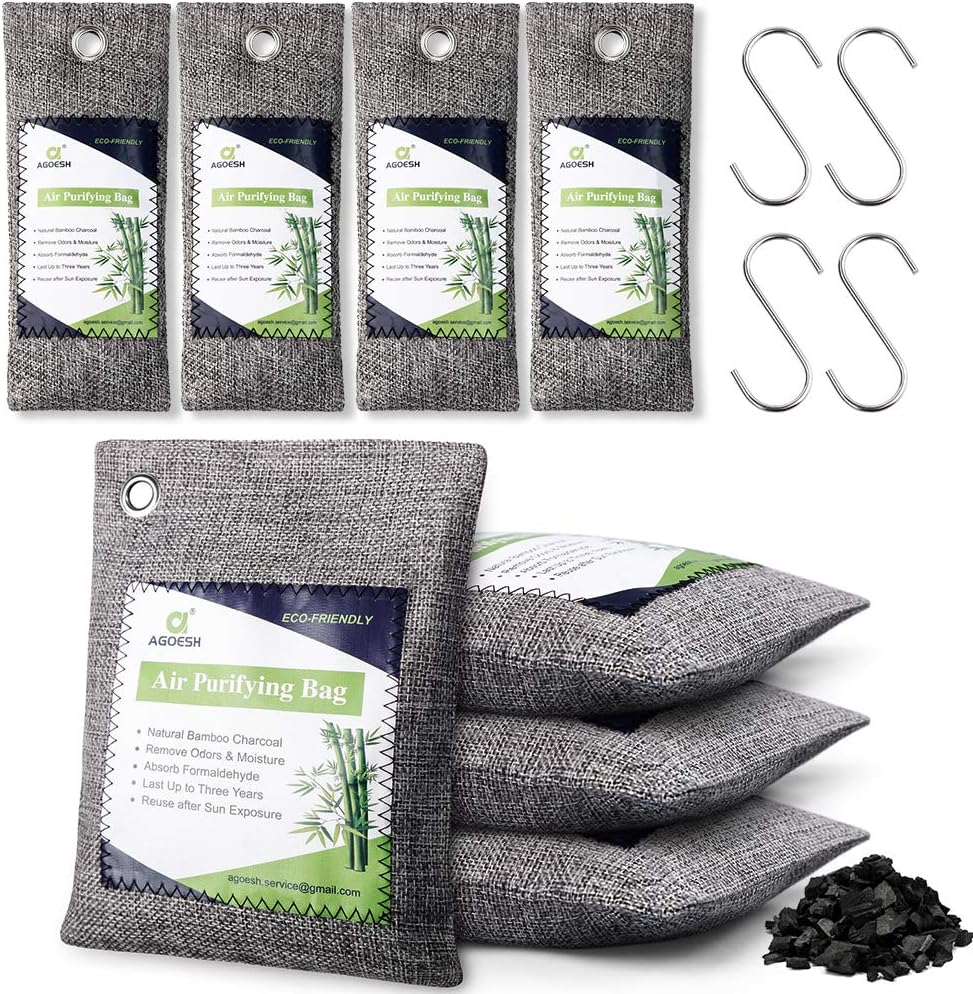 AGOESH Bamboo Charcoal Air Purifying Bag 8 Pack with 4 Hooks,Activated Charcoal Bags Odor Absorber,Chemical&Fragrance Free,Nature Fresh Charcoal Bags for Home,Car,Pet Areas: Home & Kitchen