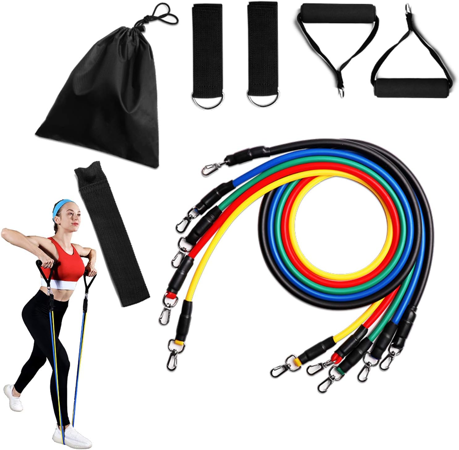 Aoliks 11 Pack Resistance Bands Set,Including 5 Stackable Exercise Bands with Door Anchor,2 Foam Handle,2 Metal Foot Ring & Carrying Case - Home Workouts,Physical Therapy,Gym Training,Yoga