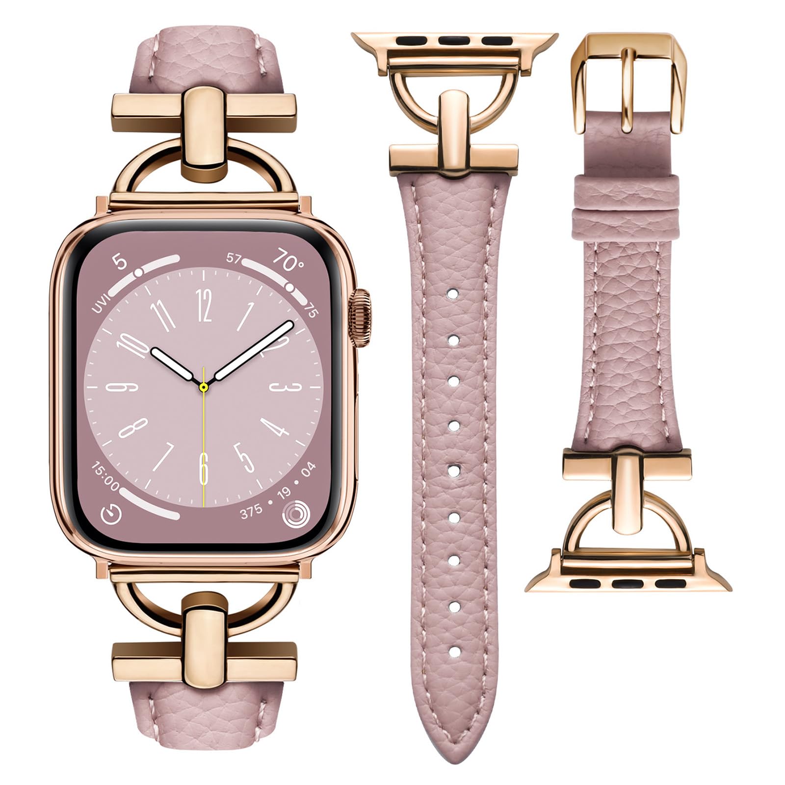 wutwuk Compatible Leather Apple Watch Straps Women 42mm(S11/10) 41mm 40mm 38mm, D-Shape Metal Buckle Leather Wristband for Apple Watch SE3/2/1 Series 11/10/9/8/7/6/5/4/3/2/1-Pink+Rose Gold