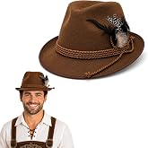 Nicky Bigs Novelties Alpine Hat, Brown Bavarian Oktoberfest Accessory | Brown Alpine Fedora with Corded Braid &amp; Feathers, Bavarian Style, One Size Fits Most, Perfect Oktoberfest Accessory