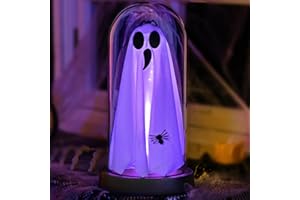 Yinhua Halloween Ghost Decor Light with Timer 8.5" Light Up Ghost in Glass Cloche with Wood Base, Cute Halloween Decorations Indoor Night Lights for Mantel, Desk, Fireplace, Gift (Purple)