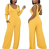 Women's Casual 2 Piece Outfits Ribbed Knitted Batwing Long Sleeve Cardigan Tank Wide Leg Jumpsuits Sets With Pocket