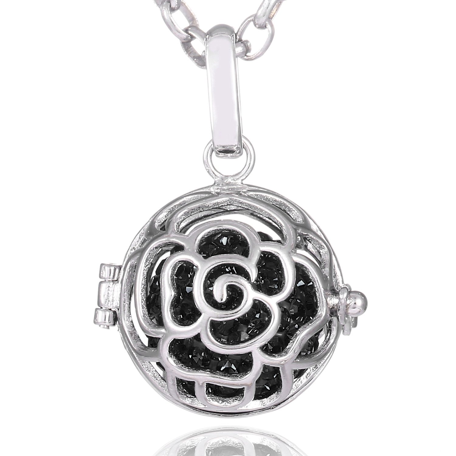 Morella Women Necklace Stainless Steel 70 cm 27,5" with Rose Flower Pendant with Sound Ball Zirconia Black Ø 16 mm 0,63" in a Velvet Jewelry Bag