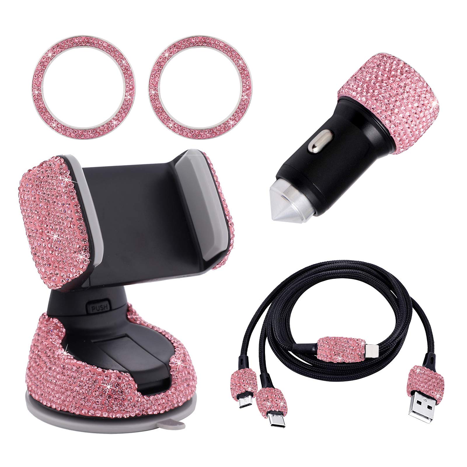Bling Car Accessories for Women Interior, Glitter Girly Car Accessories, Usb Charging Cable Multi Fast Charge, Usb Car Charger, Phone Holder Diamond Cute Car Gadgets (Pink, 5pc Set)
