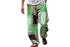 QWENTMTNTY Mens Casual Cotton Linen Pants Elastic Waist Drawstring Baggy Beach Summer Pants Hawaiian Plaid Print Trousers