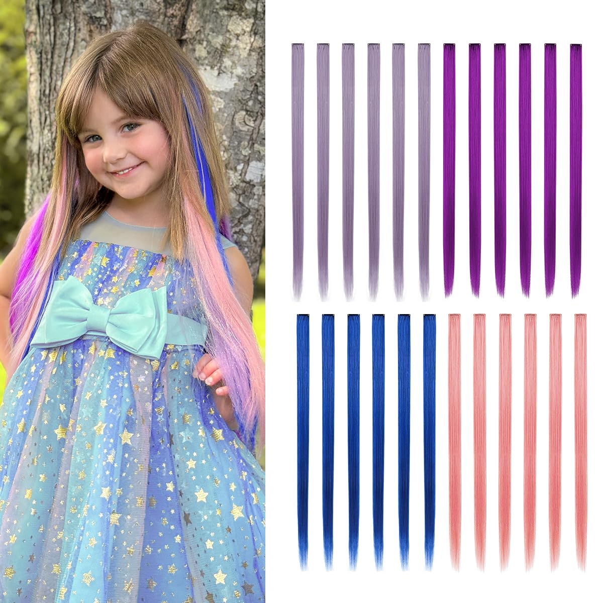 Dreamlover Purple Clip in Hair Extensions for Christmas Cosplay, Pink and Blue Hair Extensions for Girls, 4 Colors, 24 Pieces โ image 1