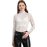 Allegra K Women's Lace Floral Embroidery Mock Turtle Neck Long Sleeve Party Slim Fit Sexy Sheer Mesh Top