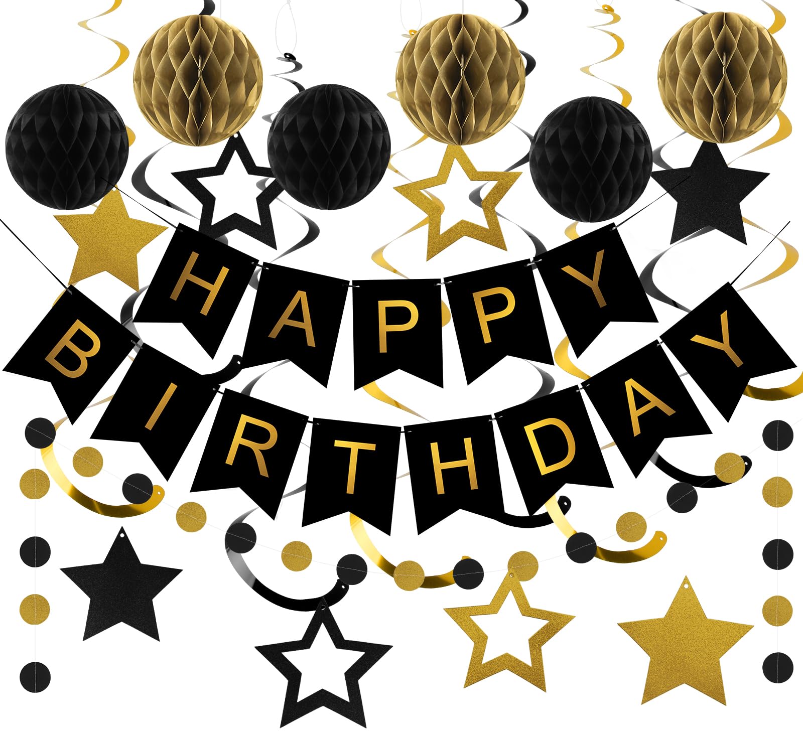 Photo 1 of meowtastic Birthday Decorations, Happy Birthday Banner with Honeycomb Balls, Star Hanging Swirl Streamers, Circle Dot Garland, Happy Birthday Party Decorations for Women Men Boys Girls (Black & Gold)