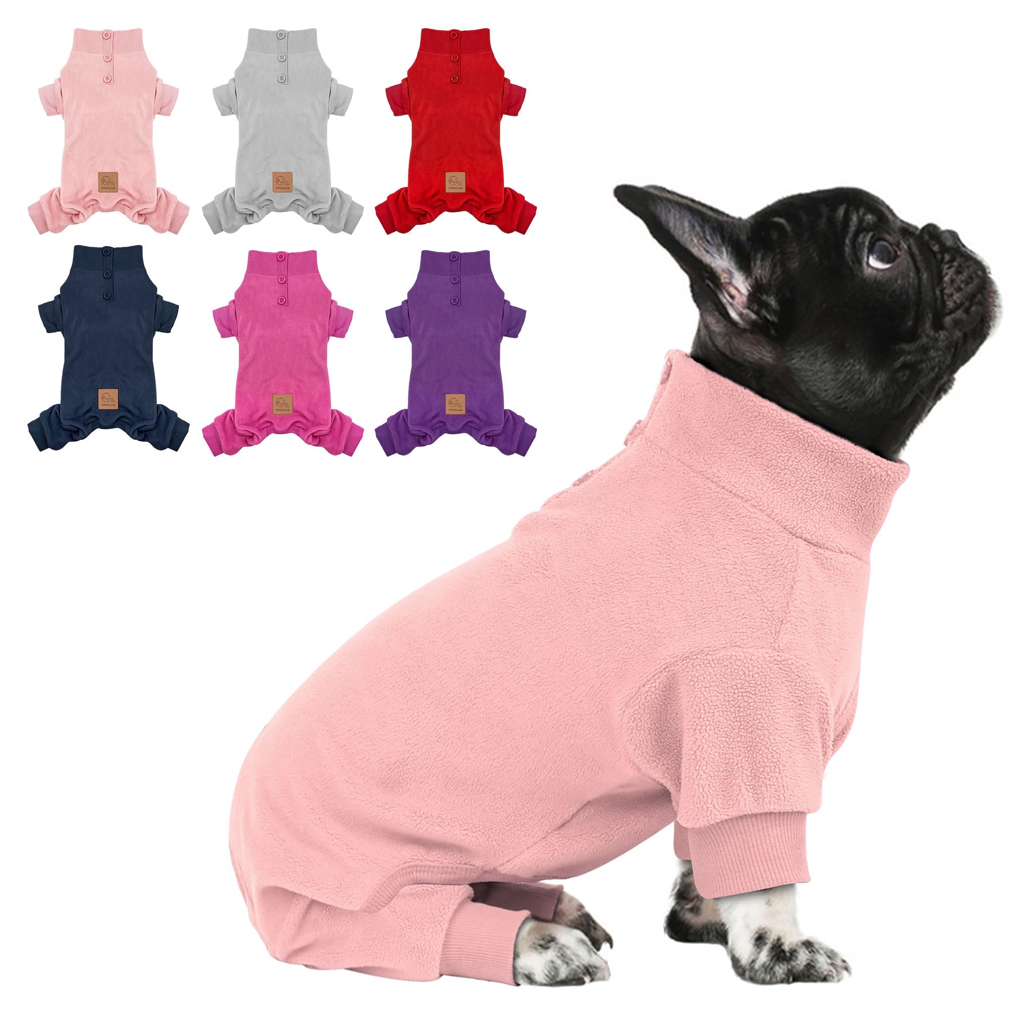 Photo 1 of cyeollo Dog Pajamas Thermal Fleece Dog Coat Pjs Stretchable Jumpsuit Turtleneck Warm Winter Pet Coats Doggie Clothes Outfits for Small Dogs, Pink L