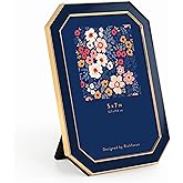 RICHFOCUS 5x7 Enamel Picture Frame with HD-Tempered Glass, Octagon Photo Frame with Gold Metal Edge and Velvet Back for Tabletop and Wall Mount Display, Navy Blue