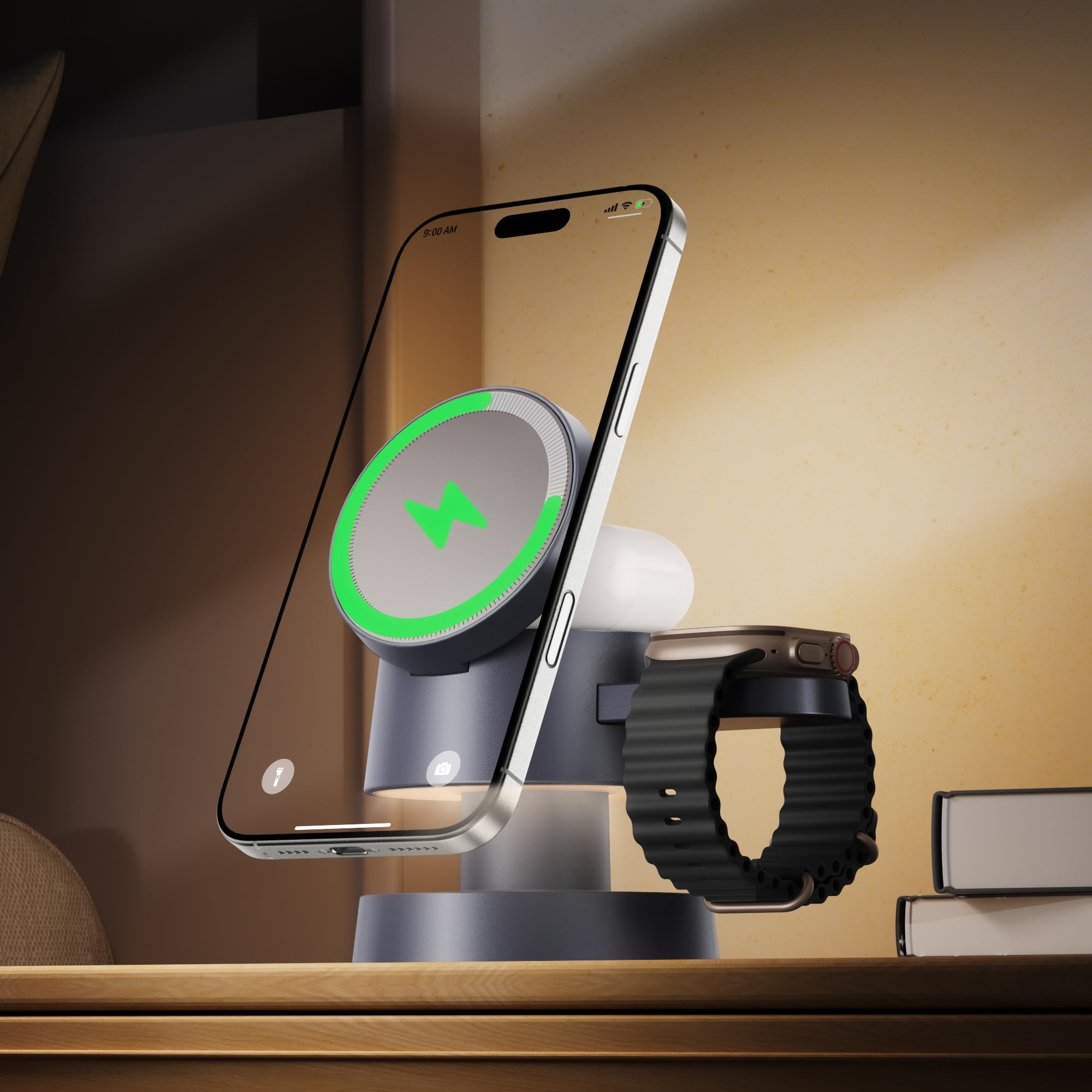 Photo 1 of iVANKY 15W Fast 4 in 1 Wireless Charging Station with Mushroom Light for MagSafe Magnetic Charger, 22.5W Travel Stand, 3 in 1 Charge for Apple Phone 16 15 to X Pro Max Plus Air, Apple iWatch, Airpods