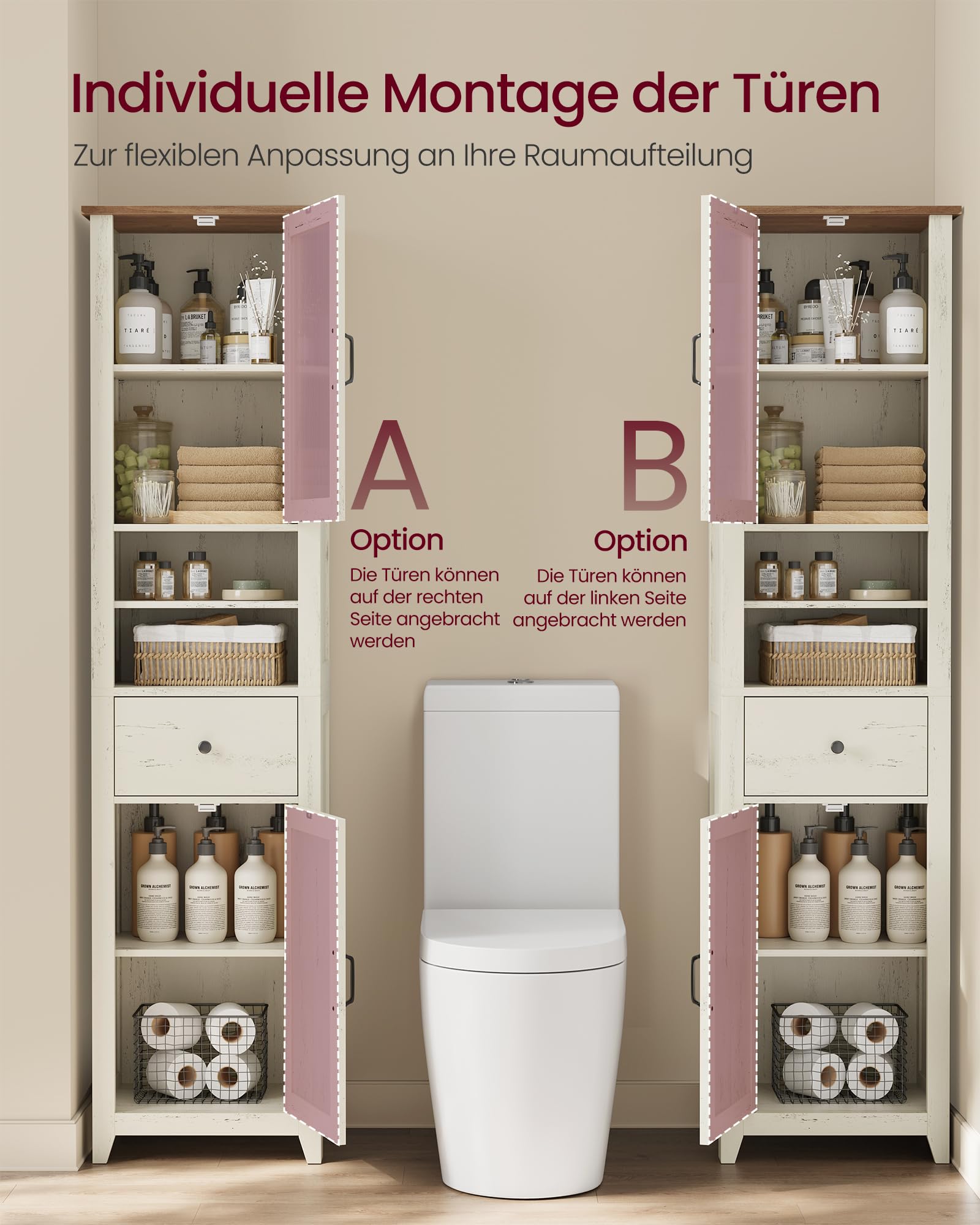 VASAGLE LIRY Kollektion - Badezimmerschrank im Landhausstil, Badschrank schmal, Badmöbel, offene Fächer, 1 Schublade, mit Türen, vintageweiß-honigbraun, 31,5 x 40 x 171 cm BBK760W101 4