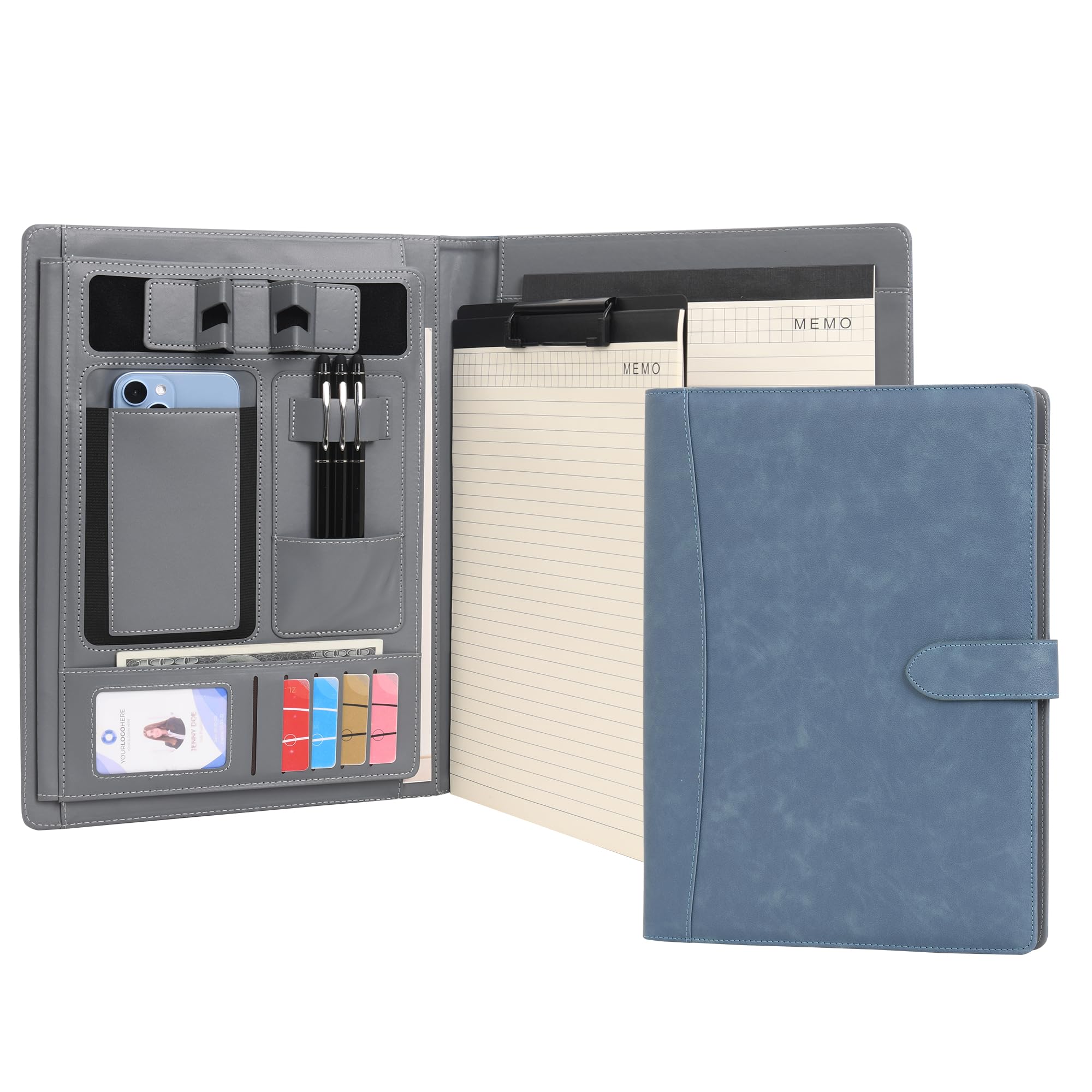 Wason Portfolio Padfolio A4 Leather PU Holder File Document Case with Writing Pad and Removable Clipboard for Organizer Office School Travel (Blue)