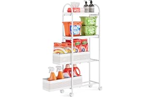 KINGRACK 4-Tier Slim Storage Cart with Pull Out Basket, Rolling Bathroom Organizer Utility, Metal Shelving Unit Slide Out, Lo