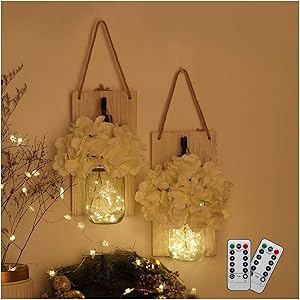 ZENQUAL Christmas Mason Jars Sconces 2Pcs with Remote Control, Rustic Wall Decor, LED Fairy Lights, Hydrangea & Wooden Boards for Home Decoration