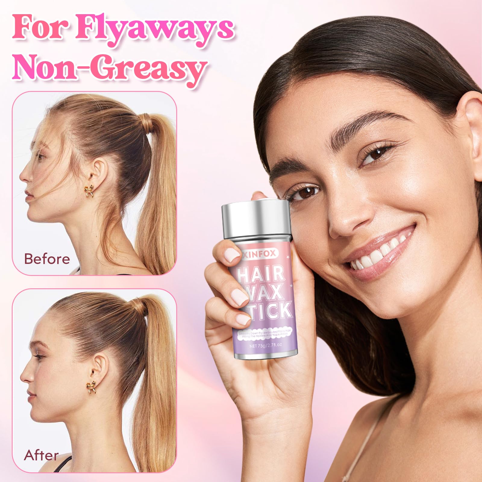 Hair Wax Stick, Slick Back Hair Brush, Wax Stick for Flyaways, Rat Tail Comb Edge Brush Styling Tool Set Accessories for Women Girls(Pink)