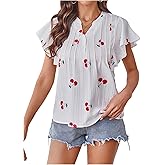 MakeMeChic Women's Valentines Cherry Print Pleated Blouse Notch V Neck Cap Sleeve Summer Shirt Tops