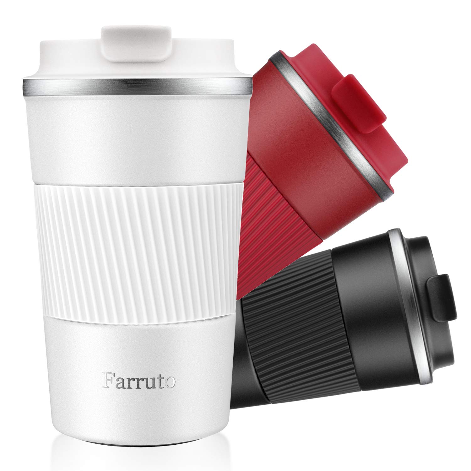 Farruto Insulated Coffee Mugs - 100% Leakproof Travel Mug with Upgrading Silicone Cup Drag Easy to Carry Stainless Steel Car Mug for Coffee, Milk etc Hot and Cold Drinks. (White)