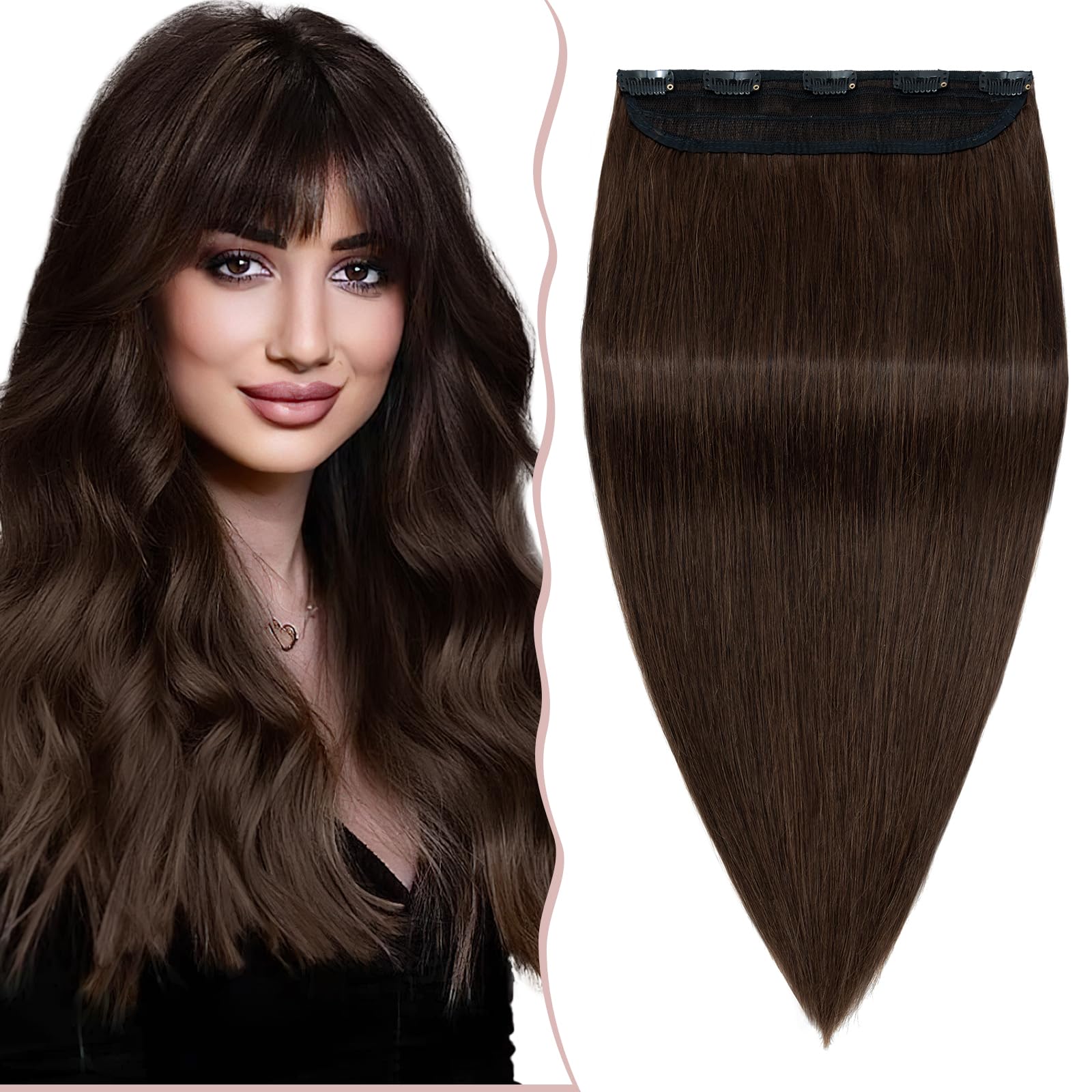 20 inch Real Hair Clip in Human Hair Extensions One Piece Thick 100% Remy 3/4 Full Head Hair Pieces for Women 5 Clips Straight Natural (95g,#4 Medium Brown) — image 1