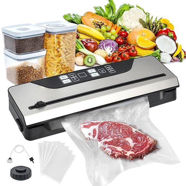 VACUUM SEALER FOR FOOD, ELECTRIC FOOD VACUUM SEALER MACHINE WITH DIGITAL DISPLAY, 8 PRESET MODES, BUILT-IN CUTTER, INCLUDES 3 FOOD STORAGE CONTAINERS & FULL STARTER KIT