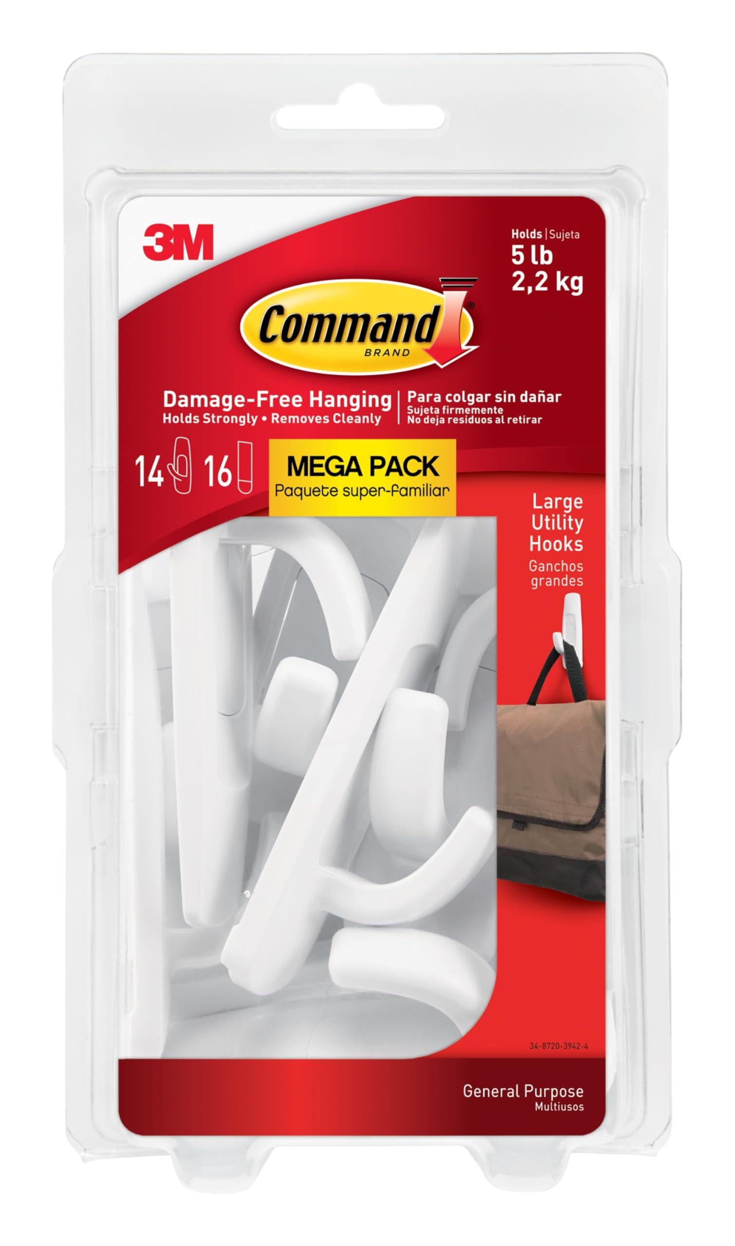 Photo 1 of Command Large Utility Hooks, Holds up to 5 lb, 14 Hooks and 16 Command Strips, Damage-Free Hanging Wall Hooks with Adhesive Strips, No Tools Adhesive Hooks for Hanging, Organization and Storage