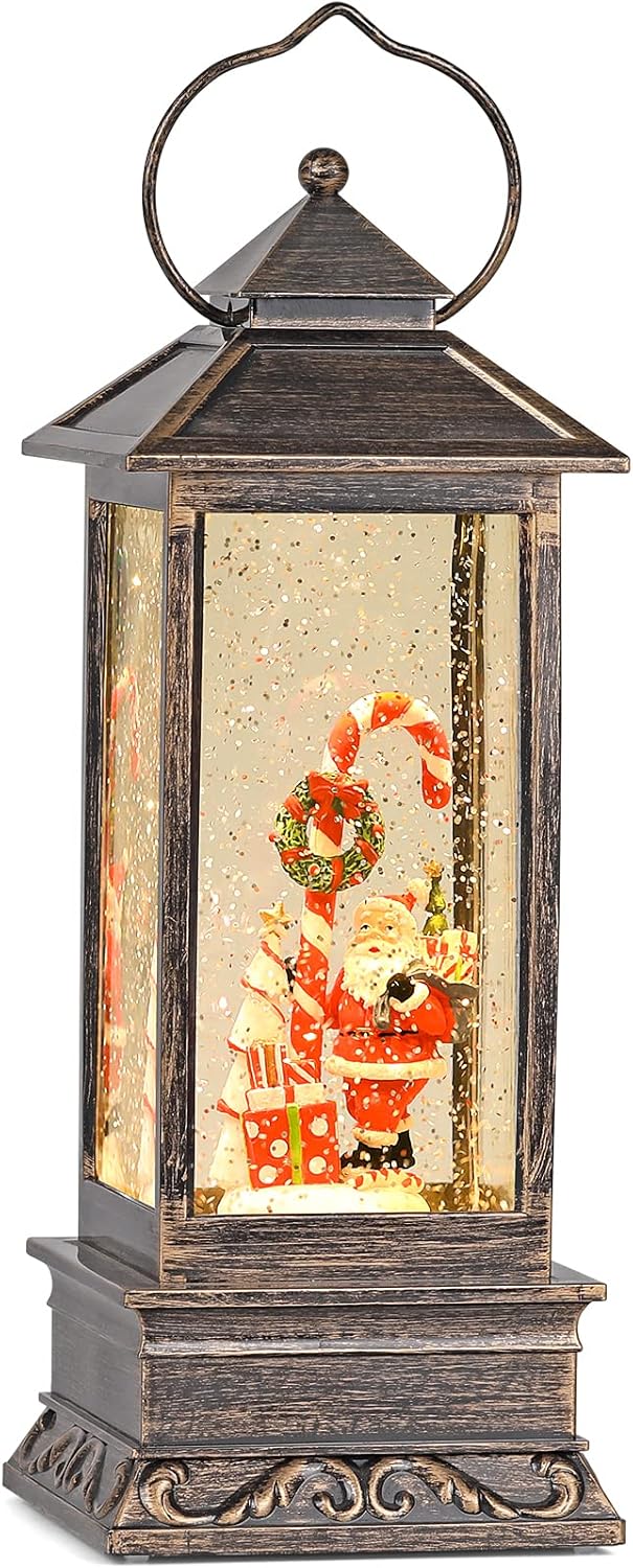 Snow Globes - Christmas Musical Snow Globe Lantern, Spinning Glittering with 6 Hours Timer, USB Powered & Battery Operated for Christmas Decorations and Gifts (Santa Claus and Candy Cane)