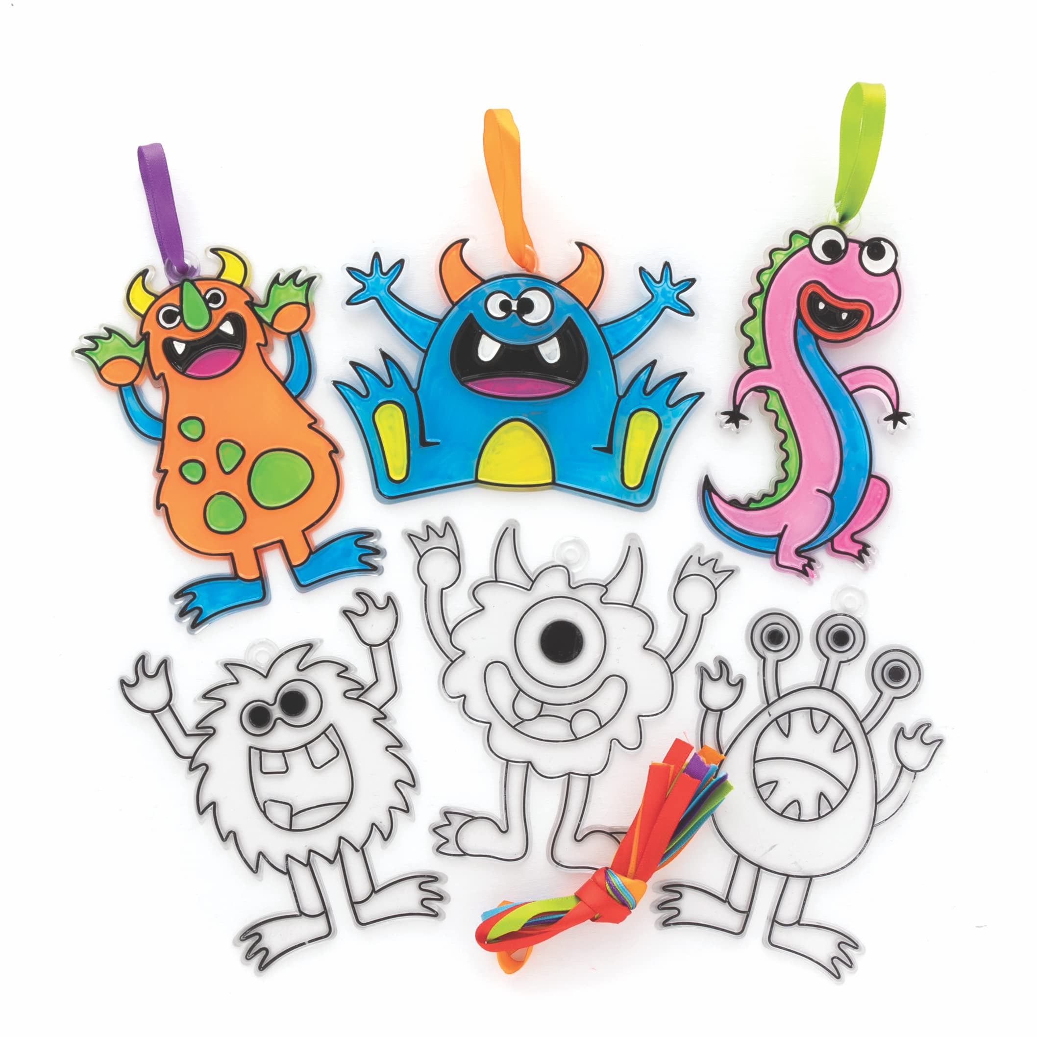 Baker Ross FE666 Monster Suncatcher Decorations - Pack of 10, Suncatchers for Kids to Decorate and Display, Make Your Own Garden Decorations