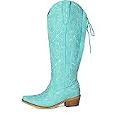 MSYIEVAD Wide Calf Cowboy Boots Women Knee High Embroidered Western Cowgirl Boot Back Lace Up Chunky Heels Pointed Toe Side Zipper