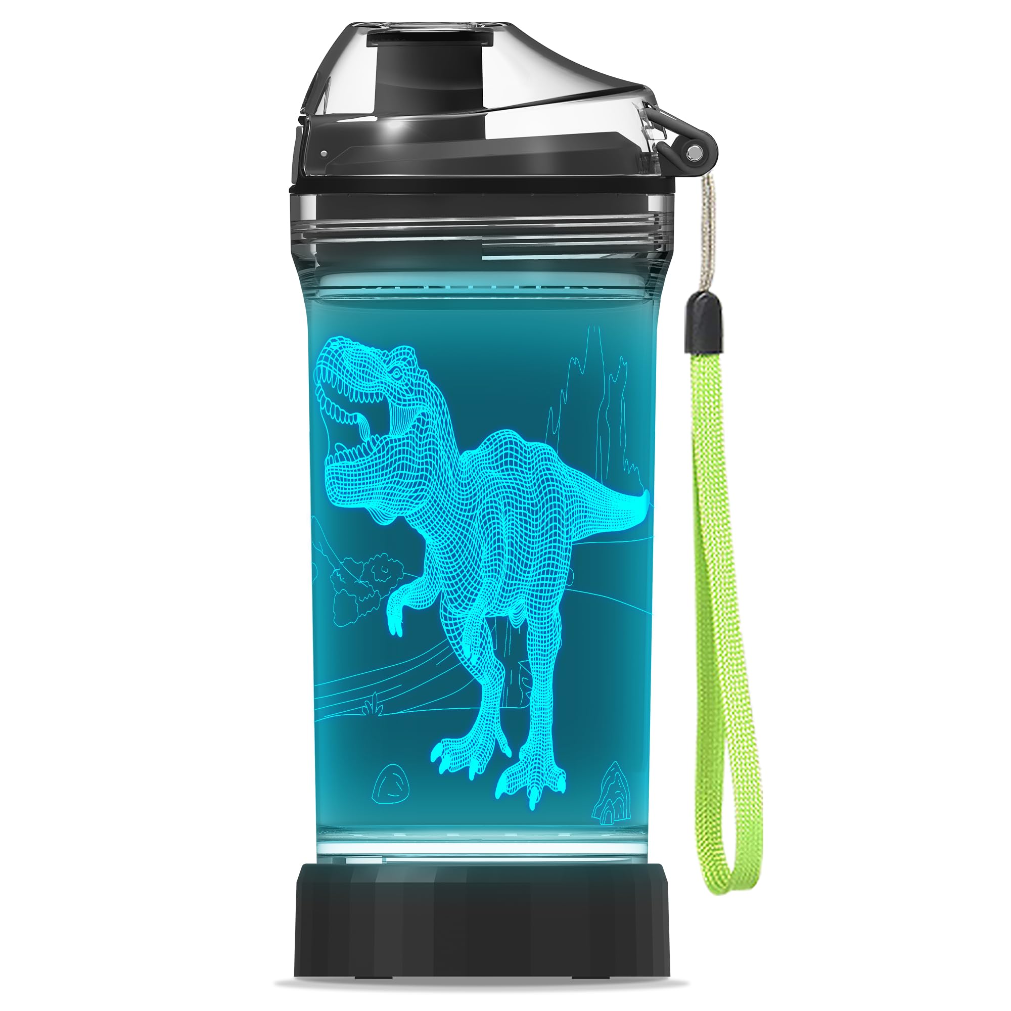 YuanDian Light Up Kids Water Bottle with 3D Dinosaur Tyrannosaurus Tex Design- 14 OZ Tritan BPA Free - Cool Drinking Cups Gift for School Kids Boy Girl Child Christmas Holiday
