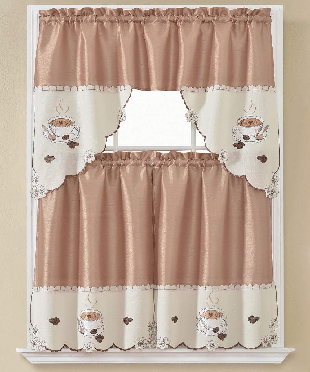 B&H Home Coffee Time Embroidered 3-Piece Kitchen Curtain Window Treatment Set (Morning Coffee Time)